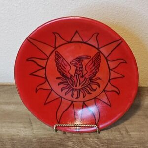 Red Glass Plate 9" Phoenix Sun Hand Painted Art Hand Blown Decorative Wall Decor